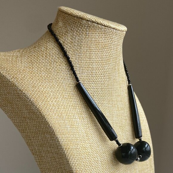 Unique Chunky Black Beaded Necklace with Screw Closure - Picture 2 of 5